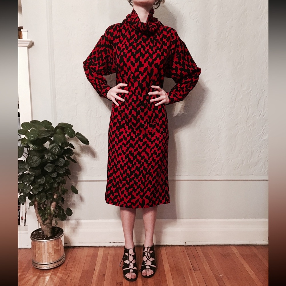 YSL Dress Yves Saint Laurent Oversized / Red & Black / 100% Wool / 80s Vintage